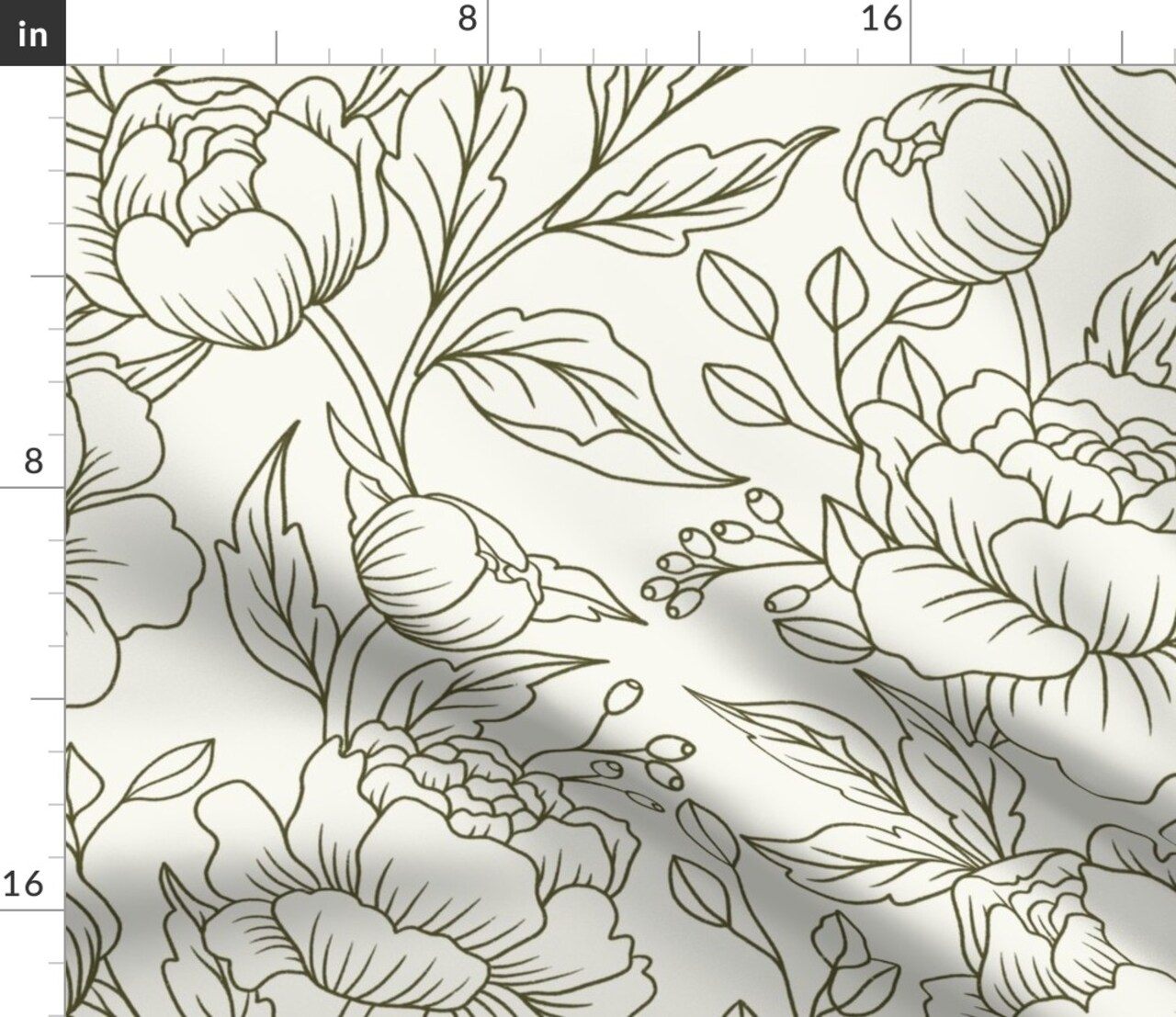 Hand Drawn Flowers Sage Green Minimalist Large Scale Line Art Custom Printed Fabric by Spoonflower Various Fabrics by the Yard or Fat Quarter